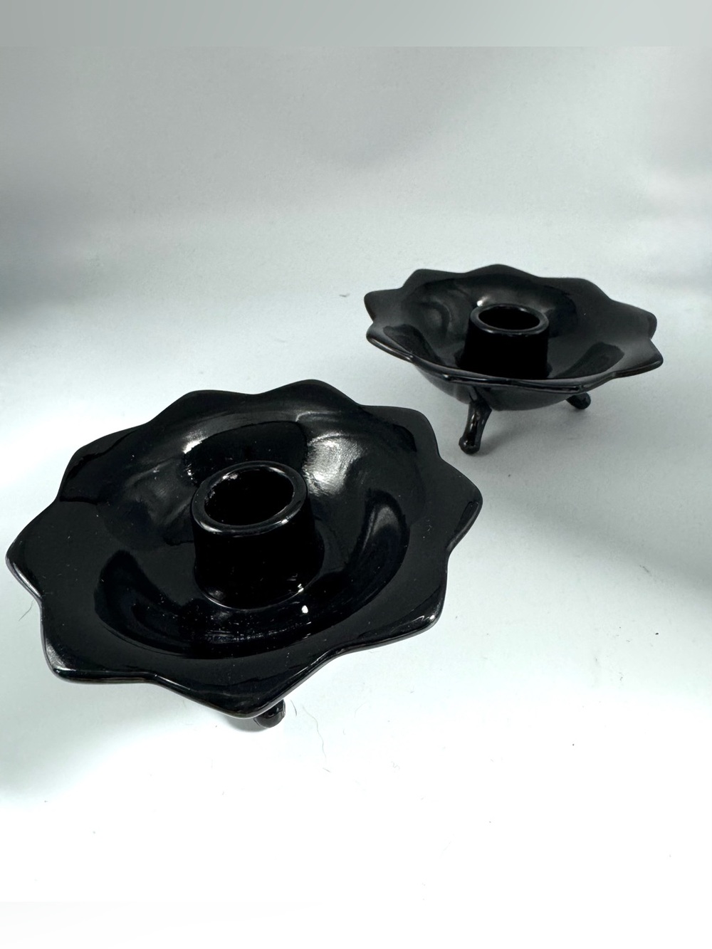 Fenton Black Glass Candle Holders - Pair